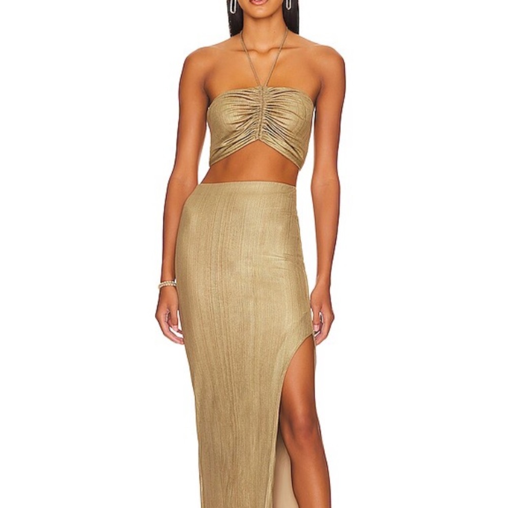 REMI x Revolve Gold Ruched Crop Top and Skirt Set
